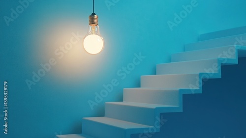 Illuminated lightbulb next to bright white stairs on a light blue wall.
