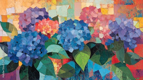 Colorful hydrangea flowers in an abstract geometric style painting.