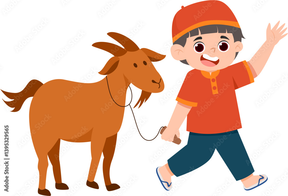 Smiling Boy in Festive Attire Walking Brown Goat on a Leash for Idul Adha Celebration Smiling Boy in Festive Attire Walking Brown Goat on a Leash for Idul Adha Celebration