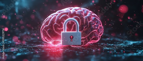 Pink brain with white padlock on dark background, cybersecurity concept, protecting intellectual property, creativity, intelligence, education, highresolution 3D render
