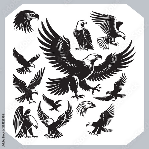 Obraz na płótnie Eagle Vector Illustration Set with Detailed Black and White Designs w salonie