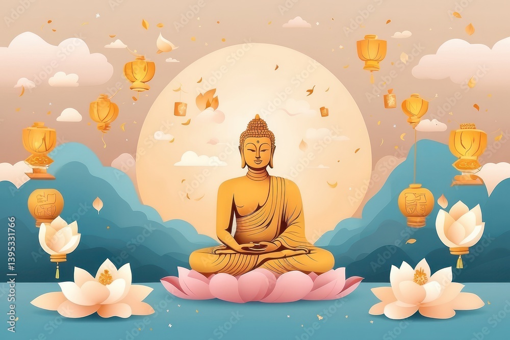 Flat vector illustration of Vesak Day celebration