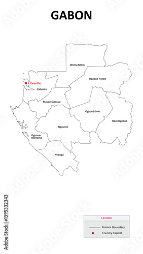 Gabon map. Country and State map of Gabon. Administrative map of Gabon with Countries and boundaries in white color.