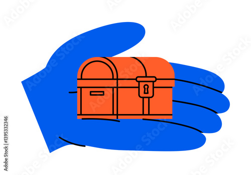 Hand drawn cute cartoon illustration of hand holding treasure chest. Flat vector ancient pirate box in arm sticker doodle. Investment icon. Closed crate sticker. Success or money wealth. Isolated.