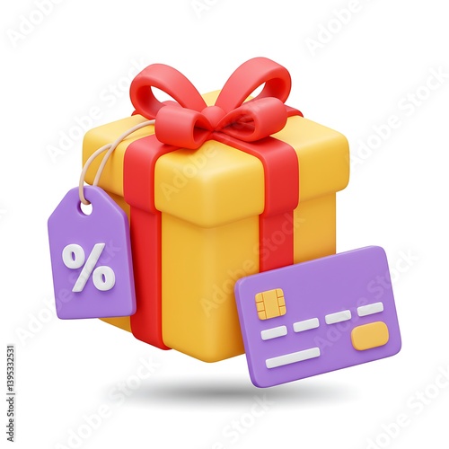 3D Illustration of a Gift Box with Discount and Credit Card