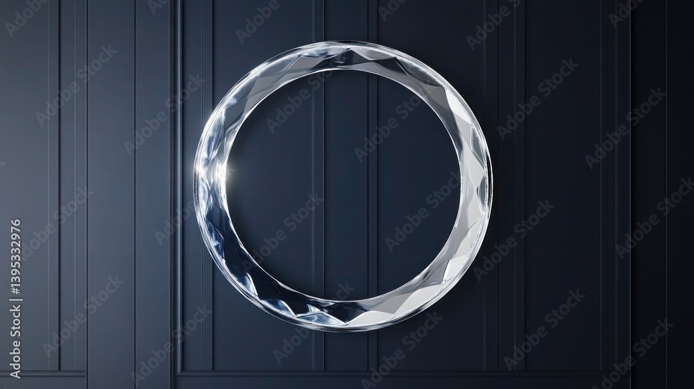 A frameless circular glass piece with a beveled edge, hanging centered on a navy wall, adding modern elegance.
