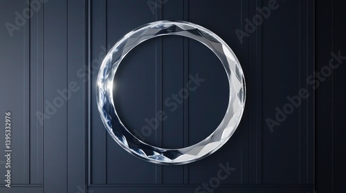 Obraz na płótnie A frameless circular glass piece with a beveled edge, hanging centered on a navy wall, adding modern elegance. w salonie