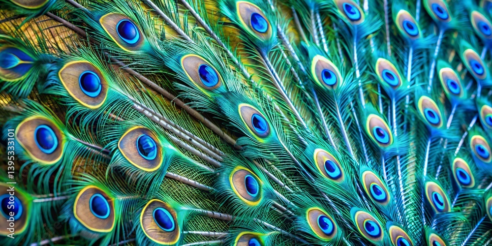 Obraz premium Close-up view of a peacock's iridescent feathers displaying vibrant blue and green hues blue, green, plumage, detail, nature, bird, wildlife, tropical, patterns, beauty, color, 