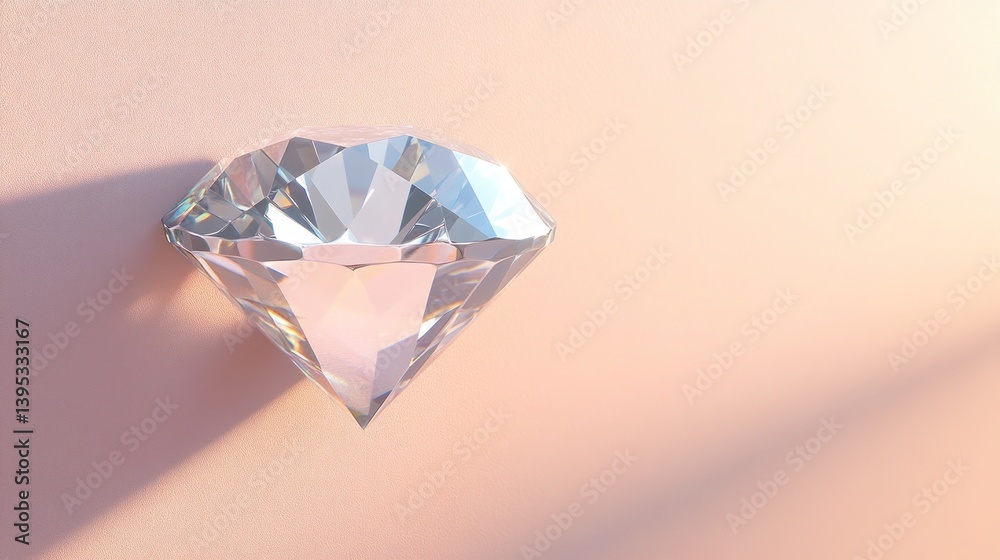 A frameless glass diamond with beveled edges, delicately floating on a light pink wall, creating a sleek, minimalist effect.
