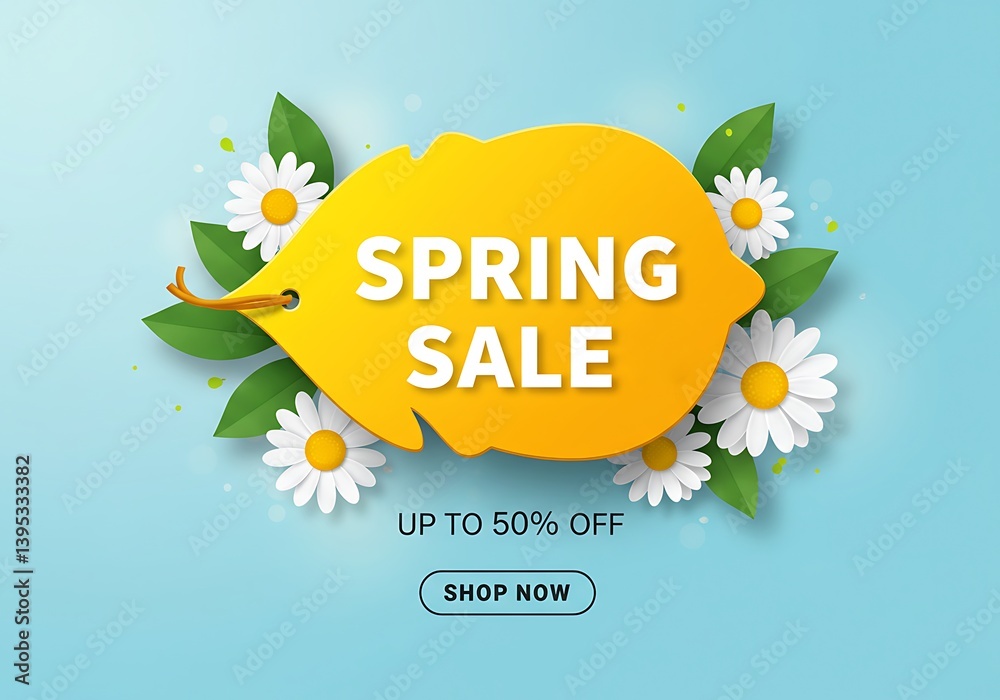 Spring Sale Banner with Lemon Shape Tag and Flowers