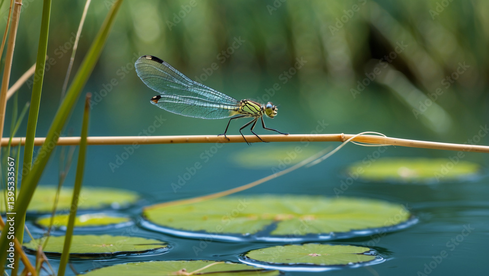 Naklejka premium Damselfly Resting On Reed Above Lily Pads Serene Aquatic Macro Scene