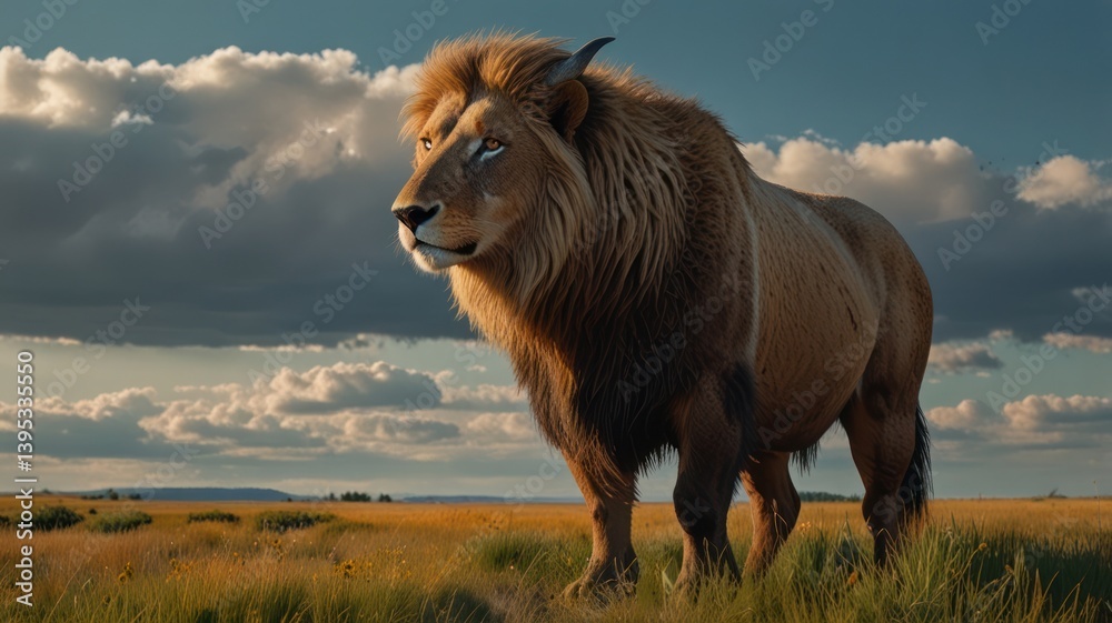 Fototapeta premium Majestic lion-like creature in savanna sunset