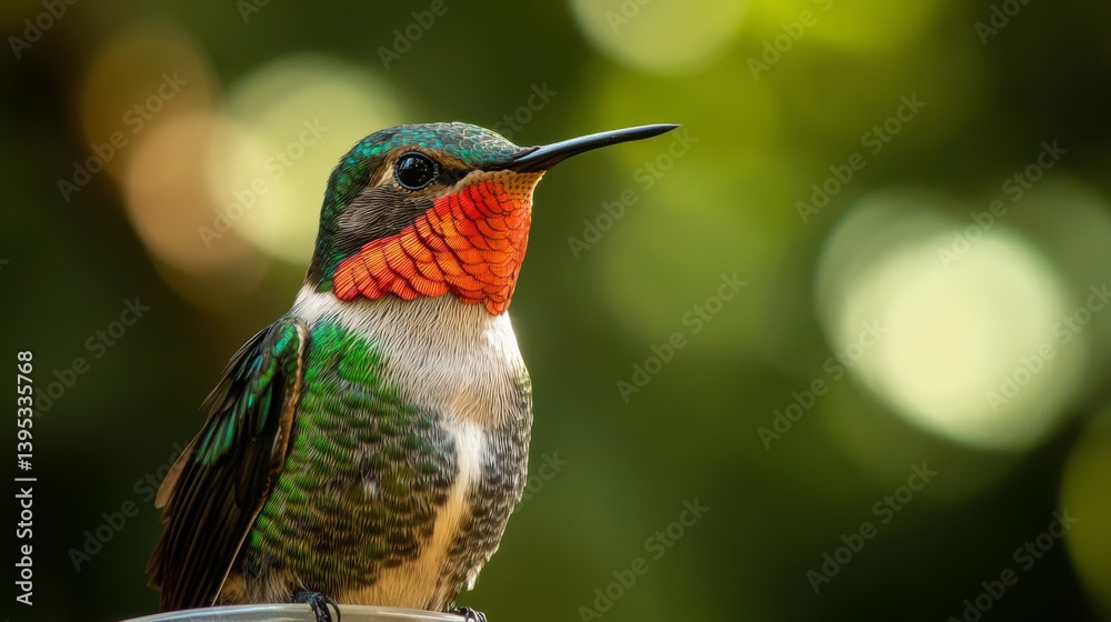 Fototapeta premium A vibrant hummingbird perches gracefully, its iridescent feathers shimmering with hues of green and red, set against a softly blurred green backdrop.