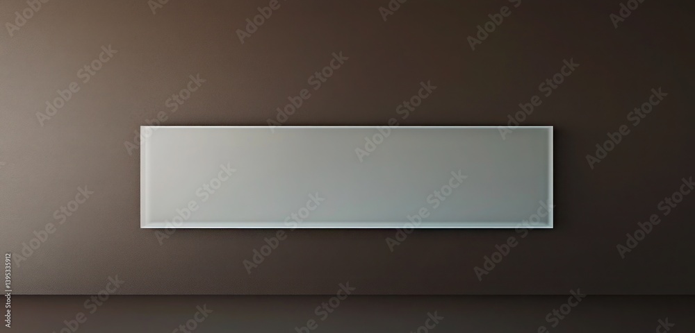 A frameless glass rectangle with frosted edges, floating in the center of a chocolate-brown wall, creating a refined modern look.
