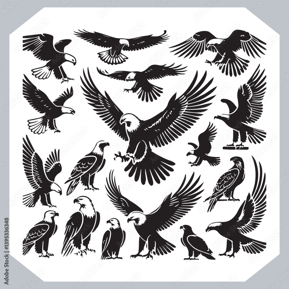 Eagle Silhouette Set with Flying and Perched Poses for Logos and Designs