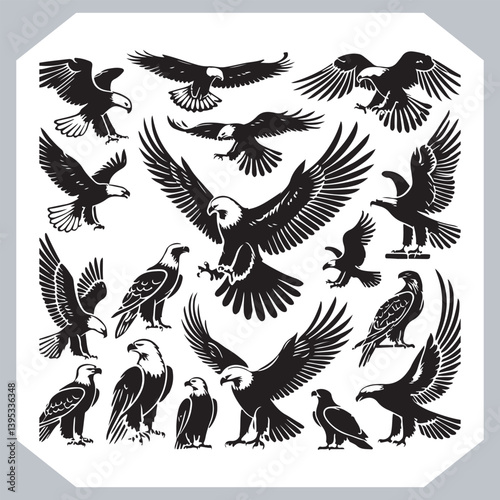 Obraz na płótnie Eagle Silhouette Set with Flying and Perched Poses for Logos and Designs w salonie