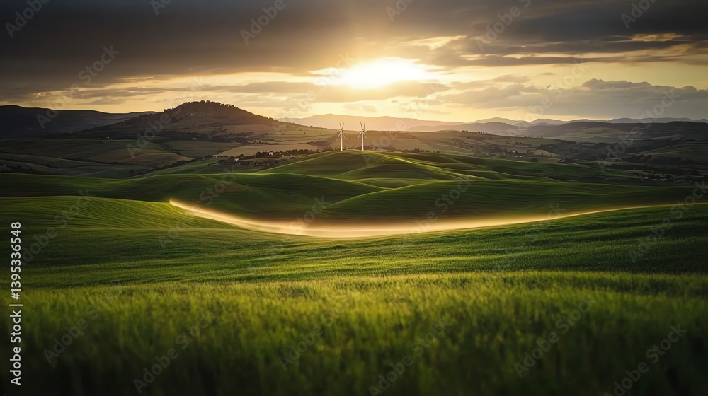 Obraz premium wind turbines on a hill, showing green technology innovation, environmental illustration, renewable energy theme