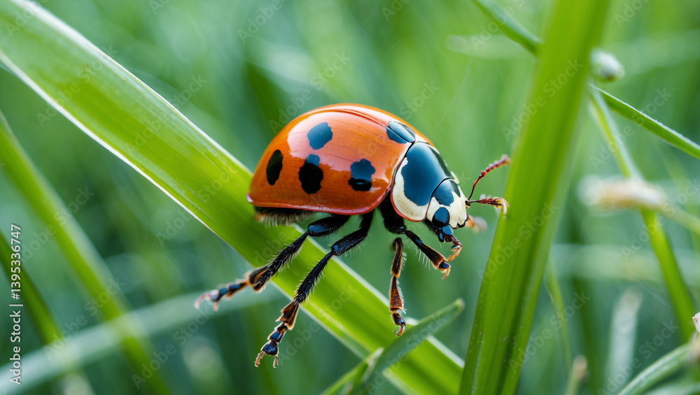 Fototapeta premium Macro Shot Of A Ladybug On A Green Blade Of Grass In Nature