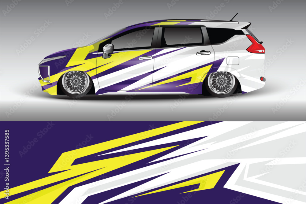 Stylishly customized car with vibrant graphics parked against a sleek gradient background Stylishly customized car with vibrant graphics parked against a sleek gradient background