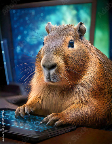 Capybara using digital pen and tablet to AI software to generate images, screen visual