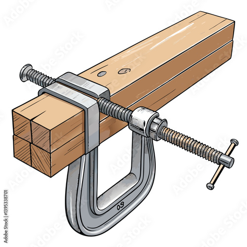 Create a bold, vector illustration of a wood clamp tightly gripping two pieces of wood. Emphasize strong lines and contrasting colors.