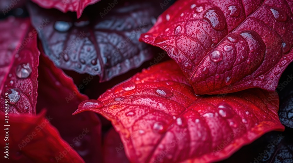 Fototapeta premium Close-up of vibrant red and purple leaves, covered in water droplets. Detailed texture and color
