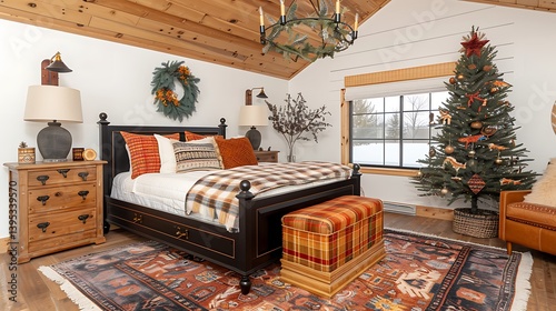 A cozy, rustic bedroom decorated for the holidays. photo