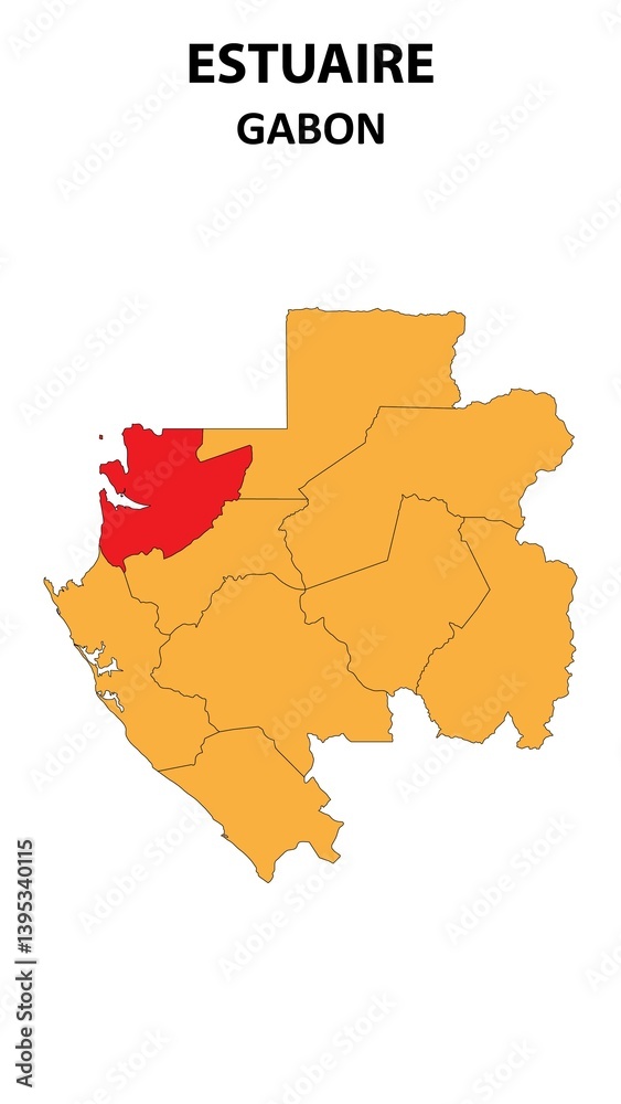 Estuaire Map is highlighted on the Gabon with detailed state and region outlines. Estuaire Map is highlighted on the Gabon with detailed state and region outlines.