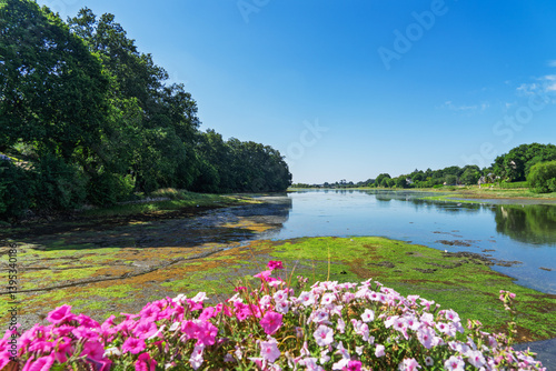 Ria de la Forêt-Fouesnant à marée haute sous un ciel bleu éclatant. Devant,  fleurs roses et blanches en jardinières ornent le paysage.