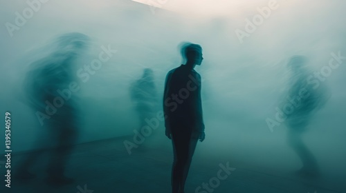 Amidst swirling smoke, a solitary figure stands silently, surrounded by blurred silhouettes, evoking themes of isolation and mystery in a shadowy atmosphere.