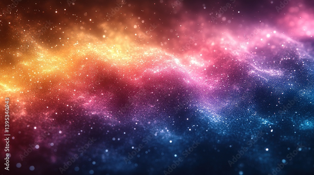 Naklejka premium Cosmic nebula with vibrant orange, pink, and blue hues, interspersed with distant stars, symbolizing mystical energy and the vastness of the universe