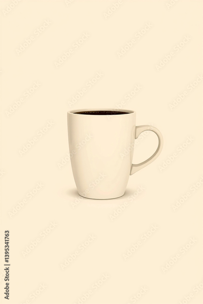 Simple white mug holding dark drink. Coffee cup rests on a light plain surface. Clean background shows a mug with liquid inside. Morning beverage awaits in a ceramic container. Simple white mug holding dark drink. Coffee cup rests on a light plain surface. Clean background shows a mug with liquid inside. Morning beverage awaits in a ceramic container.