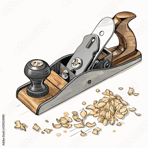 Create a bold, vector illustration of a wood planer, incorporating a meta-design element.  Focus on strong lines and shapes.