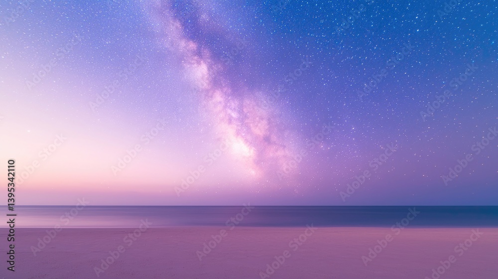 Fototapeta premium Milky Way over a tranquil beach at dawn. A breathtaking sight of a vibrant night sky, filled with stars and the Milky Way, meeting a pastel-colored beach at sunrise.