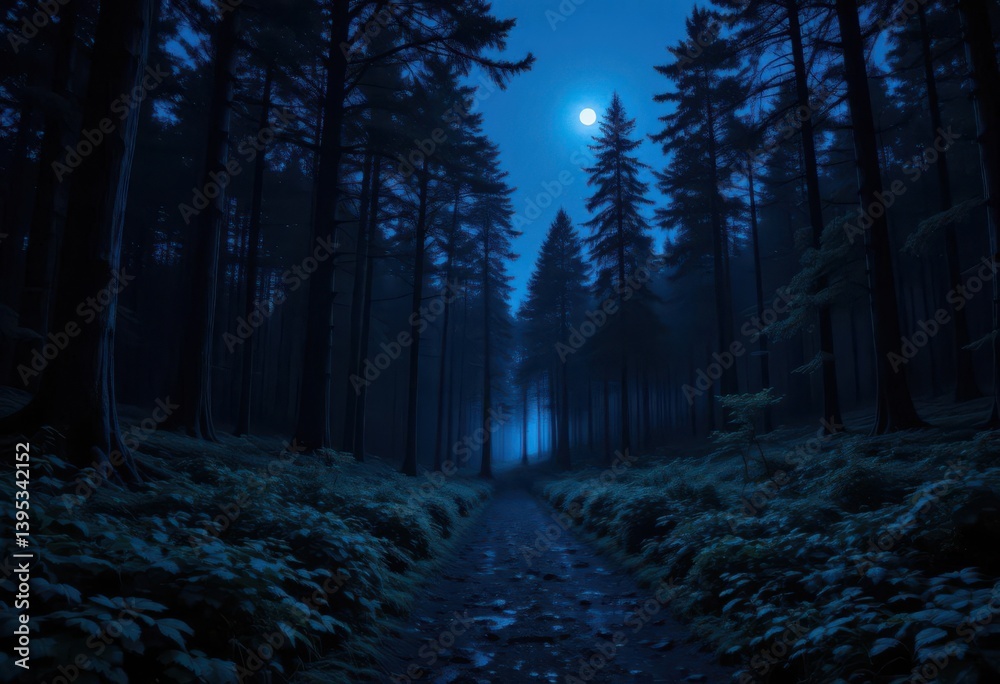 Fototapeta premium Panoramic View of a Forest Lit by Deep Blue Lights