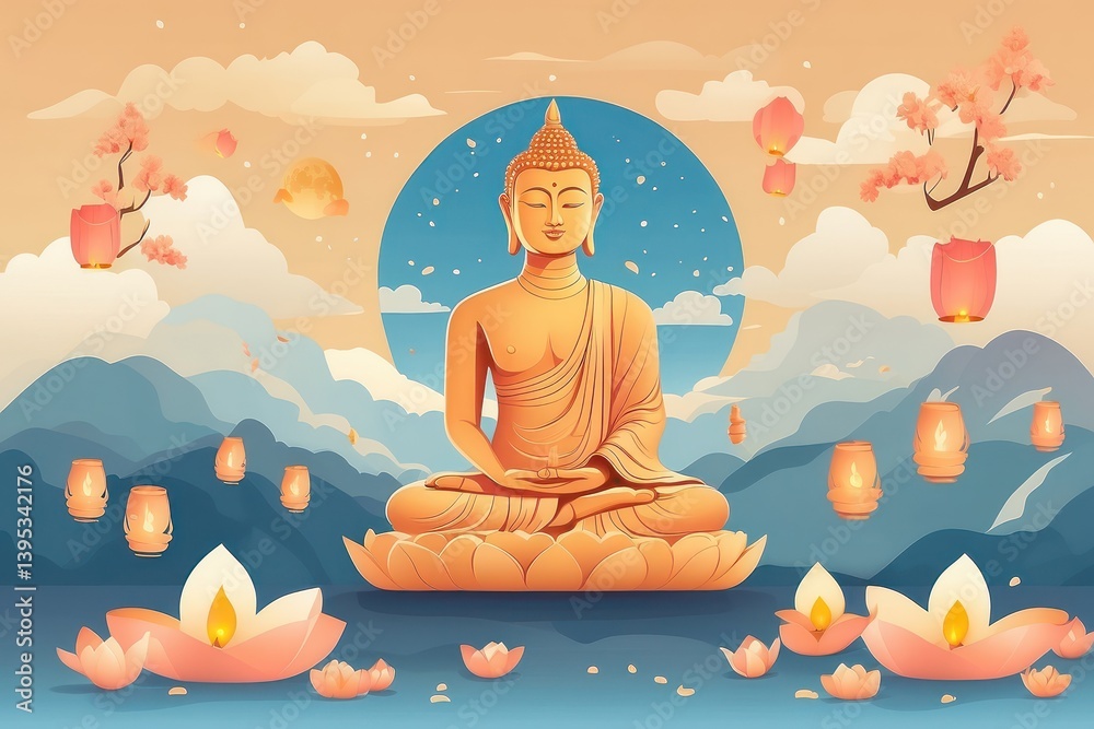 Flat vector illustration of Vesak Day celebration