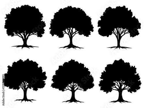 collection isolated tree Symbol silhouette style on white background. Hand drawn isolated illustrations.