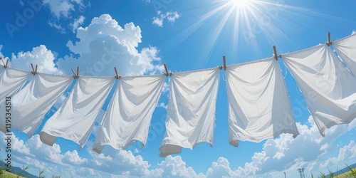  Crisp White Sheets Dance on a Clothesline Impressionistic Sky, Rural Setting