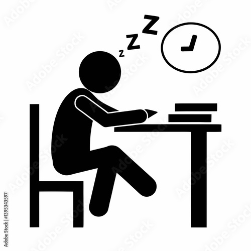 Pictogram Of Student Sleeping While Studying With Books And Clock Icon
