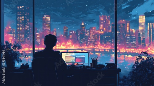 Illustration: Silhouetted figure working at a computer with a cityscape view.