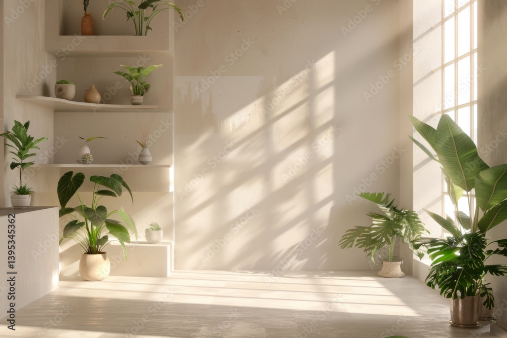 Fototapeta premium sunlit minimalistic interior with potted plants and shelves natural sunlight