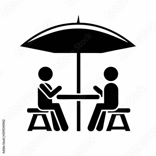People Sitting Under Umbrella Black And White Icon Vector Illustration Design