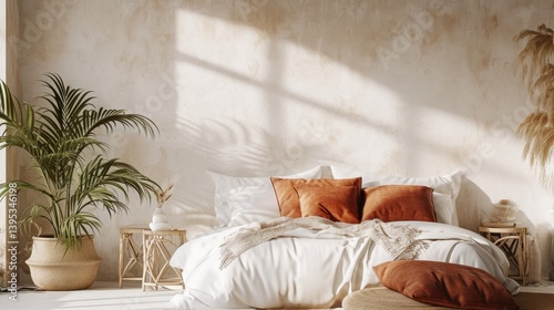 Obraz na płótnie Minimalist bedroom with a white bed dressed in terracotta colored pillows and a neutral textured throw w salonie