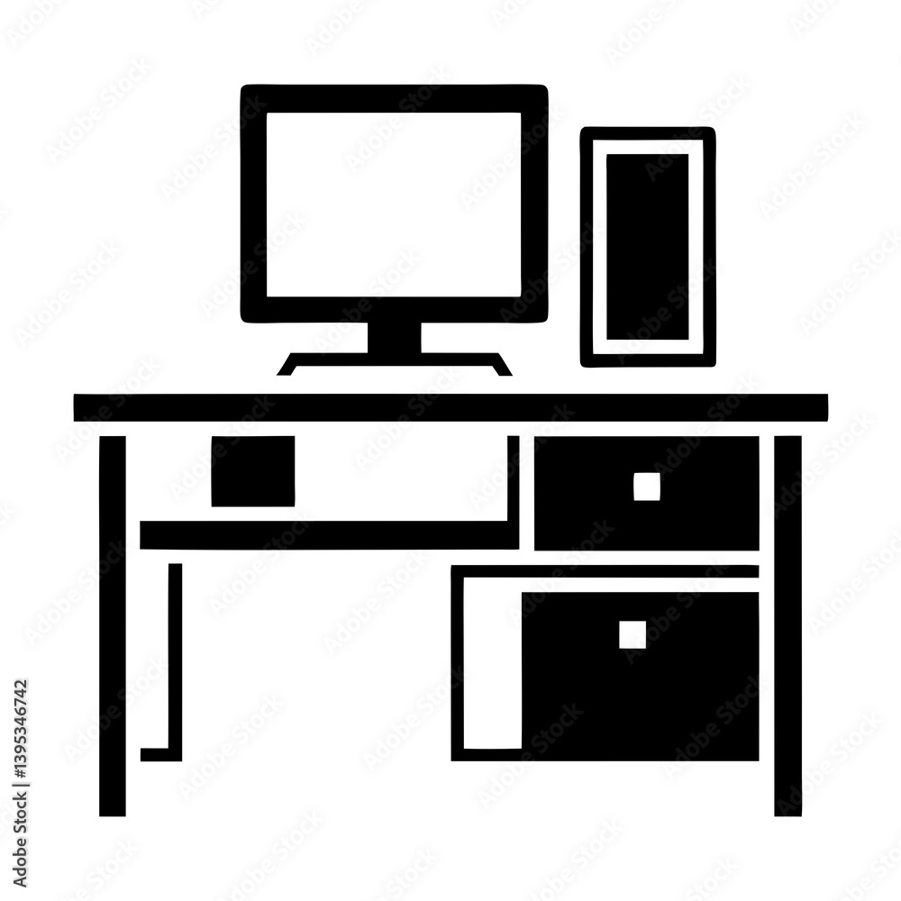 Minimalist Vector Illustration Of A Desk Setup With Computer And Drawers Minimalist Vector Illustration Of A Desk Setup With Computer And Drawers