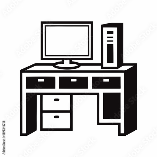 Computer Workstation Illustration With Desktop Pc And Desk With Drawers Vector Graphic