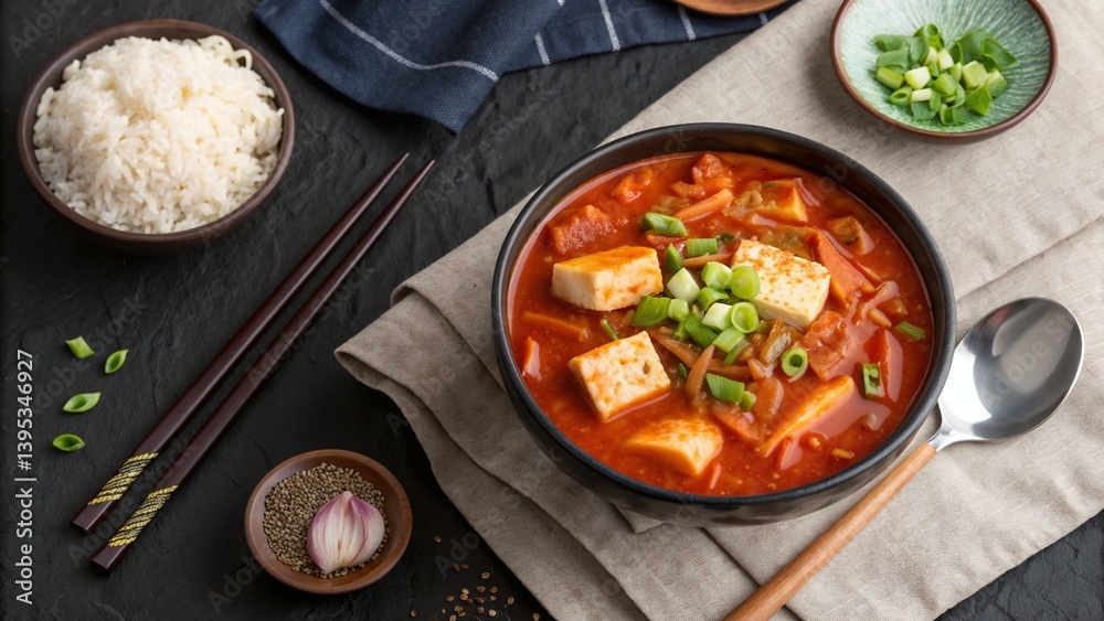 Spicy Korean kimchi tofu soup with scallions in black bowl Spicy Korean kimchi tofu soup with scallions in black bowl