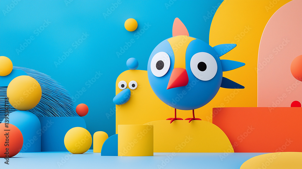 Colorful Abstract Illustration of Cute Bird Figures in Playful Scene Colorful Abstract Illustration of Cute Bird Figures in Playful Scene