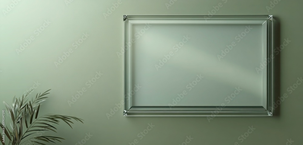 A frosted glass frame with smooth beveled edges, mounted on a muted green wall, giving a soft, sophisticated look with a modern touch.