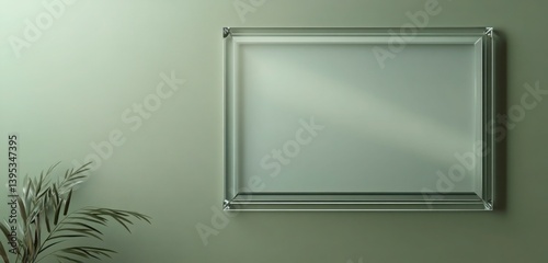 Obraz na płótnie A frosted glass frame with smooth beveled edges, mounted on a muted green wall, giving a soft, sophisticated look with a modern touch. w salonie