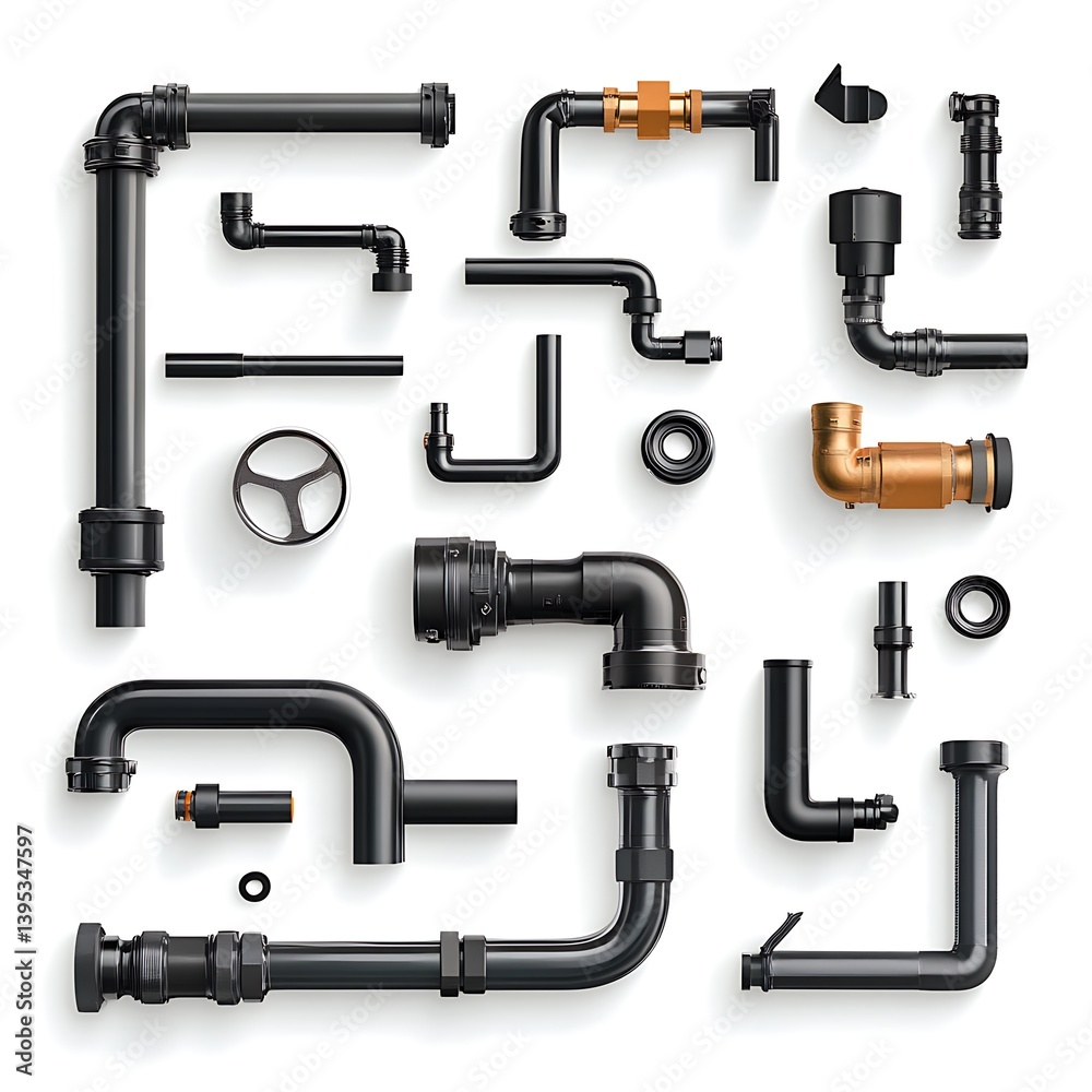 Obraz premium plumbing pipe construction set, solid white background